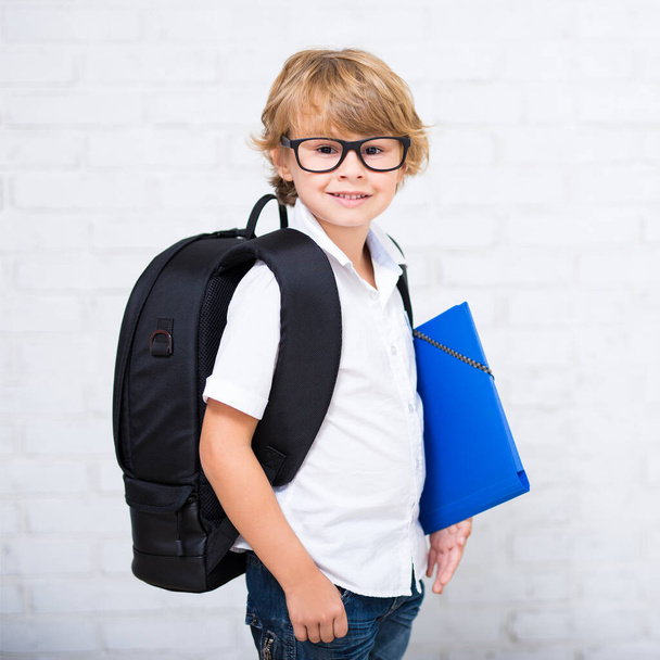 portrait of cute little school boy in glasses with backpack - Fotoğraf, Görsel