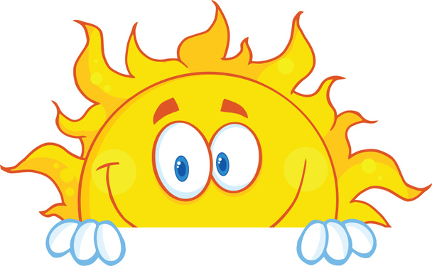 サイン ボード上の太陽の漫画のマスコット キャラクターを笑顔 - 写真・画像