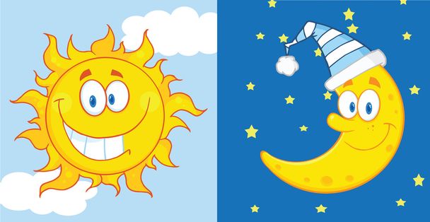 Sun And Moon Cartoon Mascot Characters - Photo, Image