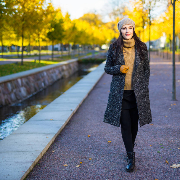 mujer atractiva feliz caminando en el parque de otoño de la ciudad
 - Foto, imagen