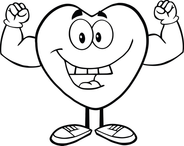 μαύρο και άσπρο ευτυχής καρδιά χαρακτήρα κινουμένων σχεδίων που δείχνει μυς του βραχίονα - Φωτογραφία, εικόνα