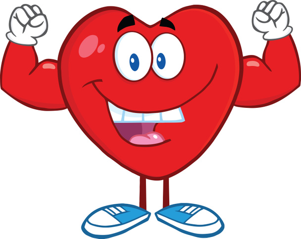 Cartone animato cuore felice personaggio mostrando braccia muscolari
 - Foto, immagini