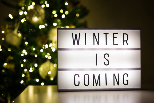 winter en kerst concept - lihtbox met winter komt tekst in donkere kamer met versierde kerstboom - Foto, afbeelding