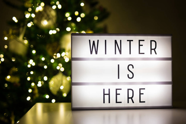 winter en kerst concept - lihtbox met winter is hier tekst in donkere kamer met versierde kerstboom - Foto, afbeelding