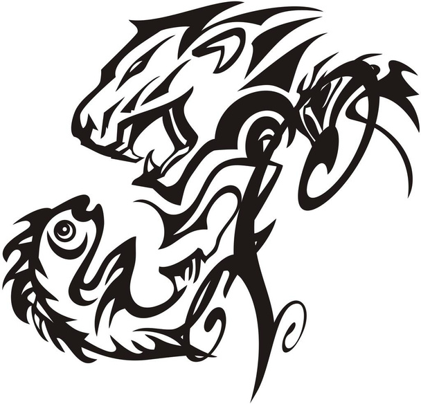 Kmenový lev a rybí dvojsymbol. Fantastický symbol agresivního lva a ryb na bílém pozadí pro vaše kreativní nápady, tetování, výšivky, potisky, atd.. - Vektor, obrázek