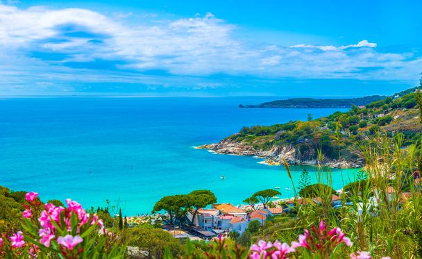 Panoramatický výhled na pláž a pobřeží Cavoli na ostrově Elba, Toskánsko, Itálie. - Fotografie, Obrázek