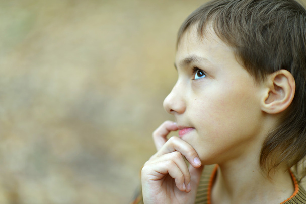 Portrait of thinking young boy in autumn park - 写真・画像