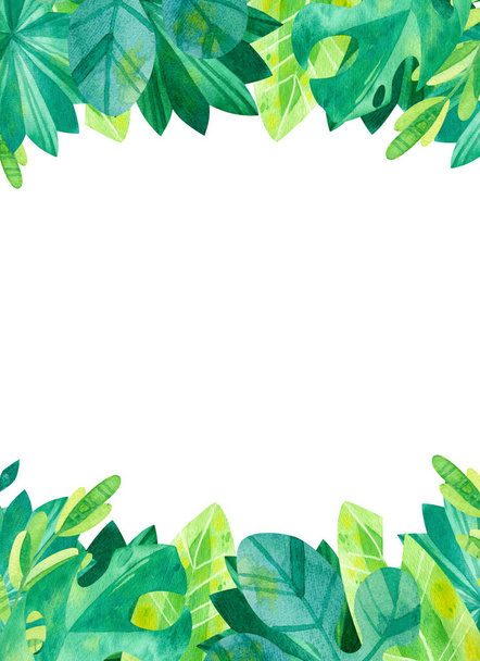 Empty vertical frame with jungle  leaves hand drawn illustration. Tropical exotic leaves border watercolor drawing.  Blank  frame with greens isolated on white background - Photo, Image