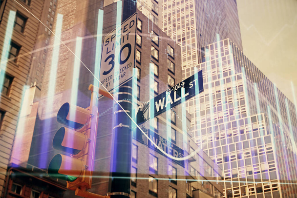 Forex chart on cityscape with tall buildings background multi exposure. Financial research concept. - Foto, Bild