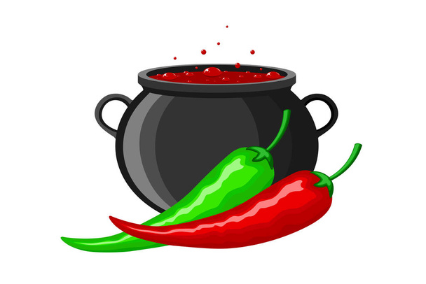 熱くて燃えるような赤と緑のメキシコのピーマンのイラストは、熱いメキシコ料理を煮込んだ大きな釜を背景にしています。料理、ウェブサイト、ブログ、広告のために隔離されたベクトルホワイト. - ベクター画像