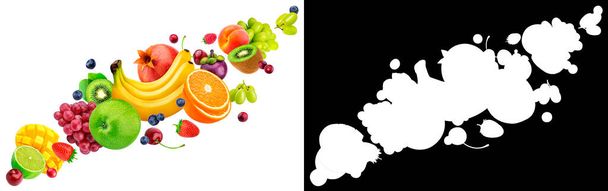 Συλλογή φρούτων και μούρων που πέφτουν και απομονώνονται σε λευκό φόντο με μονοπάτι απόληξης και κανάλι άλφα - Φωτογραφία, εικόνα