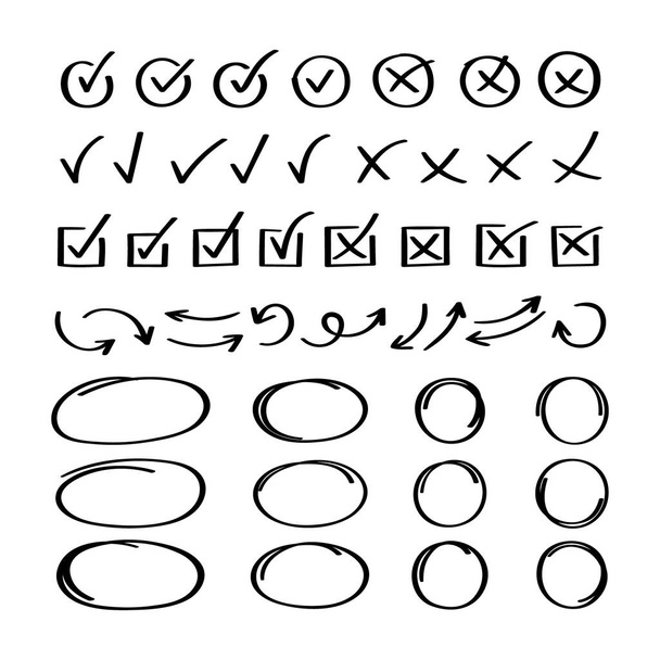 Cochez Super Set dessiné à la main avec différentes flèches de cercle et souligne. Liste de contrôle Doodle v marque l'icône définie. Illustration vectorielle. - Vecteur, image