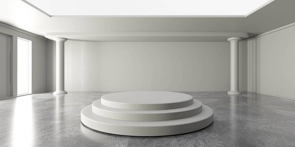 Пустой белый большой интерьер гостиной с подиумом 3d архитектуры рендеринга интерьера иллюстрации
 - Фото, изображение