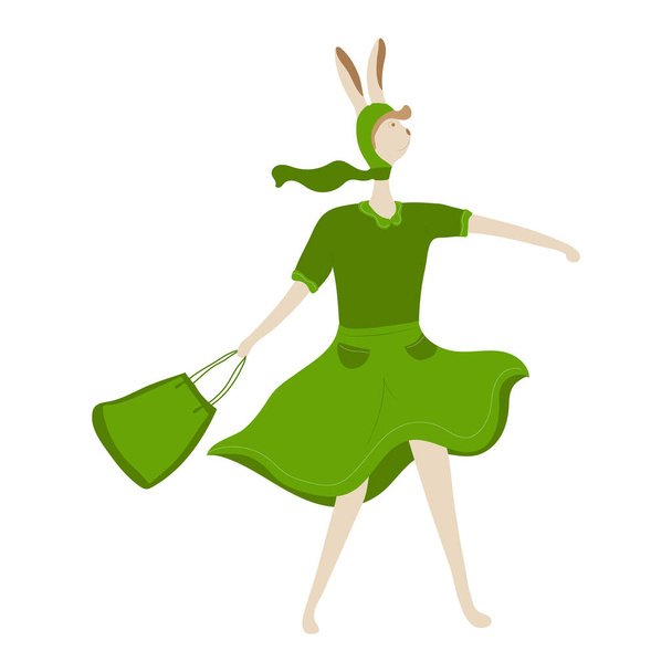 Bunny woman cute cartoon character with bag. Vector Illustration. - Vektor, Bild