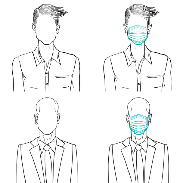 Maskesiz, tıbbi maske takan iki isimsiz adamın el çizimi, web profili karalaması beyaza izole edilmiş. - Fotoğraf, Görsel