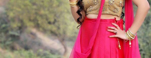 Die Taille einer Frau mit goldenem und rosa Sari, Schmuck und roten Nägeln - Foto, Bild