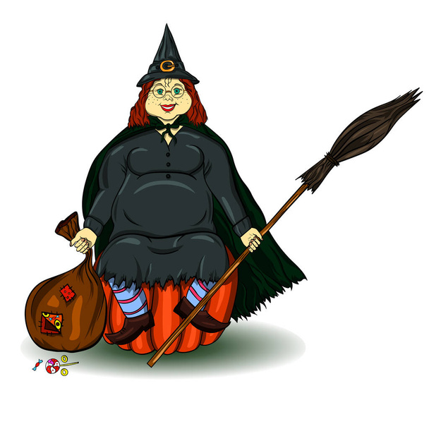 ハロウィン、カボチャの太った女性の魔女、ほうきとお菓子 - ベクター画像