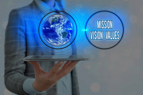 Notatka opisująca wartości Mission Vision. Business photo showcasing business profile target and care statement Elementy tego wizerunku dostarczone przez NASA. - Zdjęcie, obraz