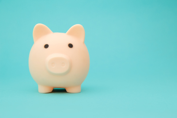 Savings concept. Moneybox in shape of pig on blue background space for text - Foto, Bild