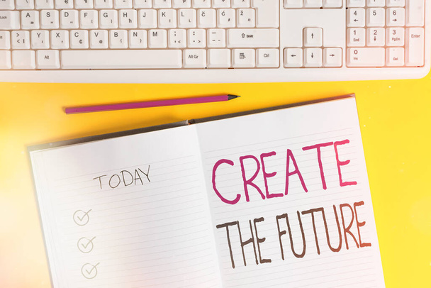 A Create The Future-t bemutató levél írása. Business photo showcasing, hogy egy saját módja erőfeszítést, hogy elérje a célokat sikeresen Másolja a helyet a notebook felett sárga háttér billentyűzet az asztalon. - Fotó, kép