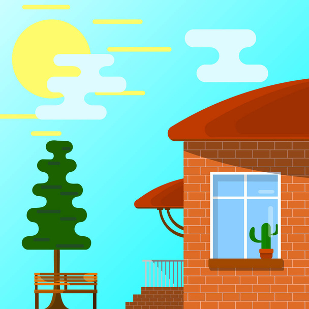 house with a porch, bench, tree. Part of the rural landscape. Vector illustration in a flat style. - Vector, Image