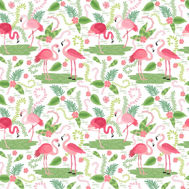 pink flamingos in different poses. seamless pattern. vector image. for printing on fabrics, paper cups, wrapping paper, phone cases. background with exotic birds, tropical plants, flowers and leaves - Вектор, зображення