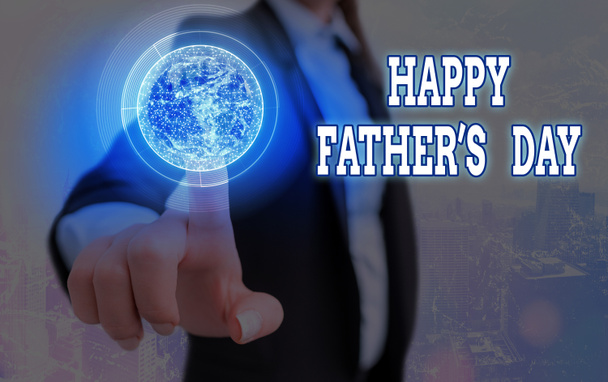 Znak tekstowy pokazujący Dzień Szczęśliwych Ojców. Zdjęcie koncepcyjne celebrowane w celu okazania miłości do patriarchy rodziny Elementy tego obrazu urządzone przez NASA. - Zdjęcie, obraz