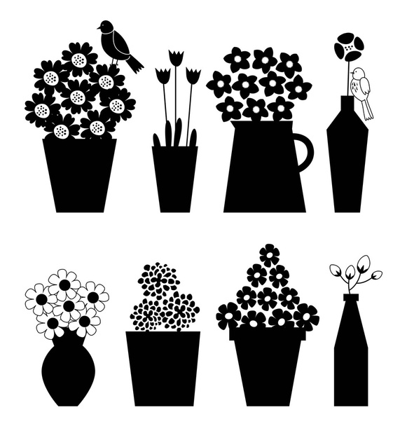 Ícones de flores preto e branco em vaso com pássaros
 - Vetor, Imagem