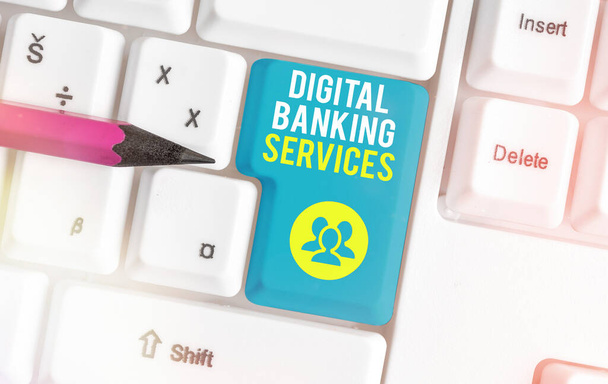 Szövegírás szöveg Digitális banki szolgáltatások. Üzleti koncepció, technológia, internet és hálózatépítés. - Fotó, kép