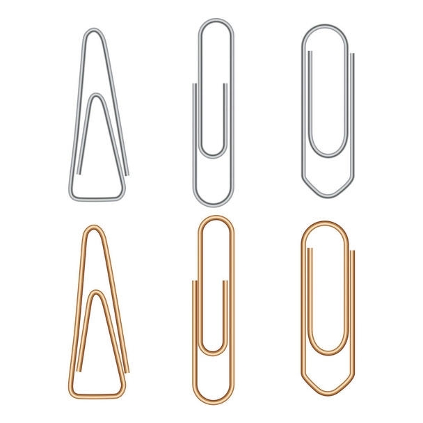 Paper clip. Metal paperclip office attach isolated on white background. Realistic silver and golden binder. Stationery fix tool for page, card. Yellow and chrome staple. Document equipment - Vector, Image