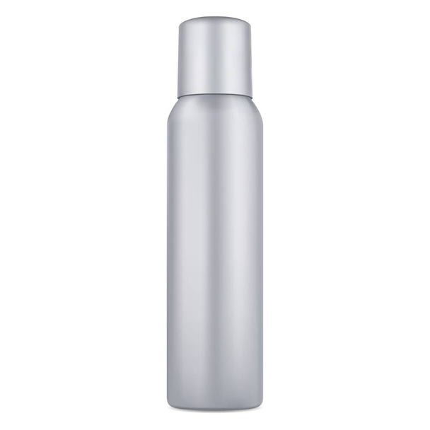 Spraydose. Aluminium-Deo-Aerosolflasche leer. Silberzylinder kosmetische Zinn. Verpackungsschablone aus Metall, schweißhemmend. Design der Lufterfrischungspackung. Parfümsprüher für Toiletten - Vektor, Bild
