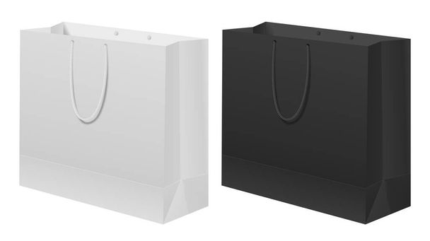 Χάρτινη σακούλα μαύρη, άσπρη. Λευκό φέρει πρότυπο δώρο με λαβή. Κενό εμπορικό σήμα κουτί συσκευασίας λιανικής πώλησης τροφίμων. Κατάστημα πακέτο κενό σχεδιασμό για την πώληση μόδας, διαφήμιση. Απομίμηση συσκευασίας καταναλωτή - Διάνυσμα, εικόνα