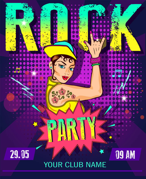 Rock party poster. Sexy young girl in baseball cap. Girls Rock speech bubble. Vector bright illustration in retro comic pop art style. wall stickers - Διάνυσμα, εικόνα
