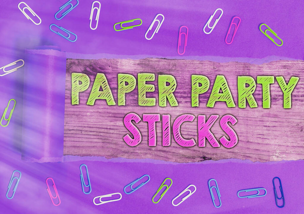 Word writing text Paper Party Sticks. Business concept for hard painted paper shaped used for signs and emoji. - Photo, Image