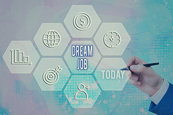 Πινακίδα που δείχνει Dream Job. Εννοιολογική φωτογραφία η επαγγελματική καριέρα που ένα άτομο εργάζεται σκληρά για να το κερδίσει. - Φωτογραφία, εικόνα