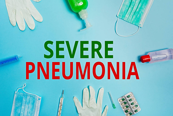 Conceptual hand writing showing Severe Pneumonia. Business photo text acute disease that is marked by inflammation of lung tissue Primary medical precautionary equipments health protection. - Photo, Image