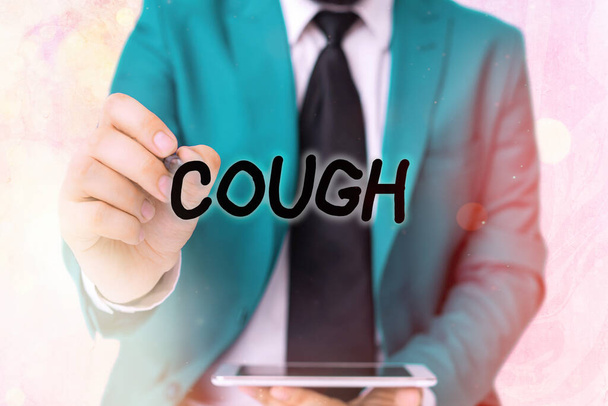 Word writing text Cough. Business concept for sudden expulsion of air throughout the passages to clear airways Touching screen digital application marking important details in business. - Photo, Image