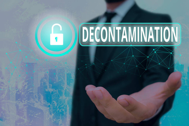 Text sign showing Decontamination. Conceptual photo neutralizing every presence of hazardous substances Graphics padlock for web data information security application system. - Photo, Image