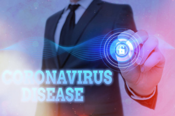 Handschrift tekst Coronavirus Ziekte. Concept betekenis gedefinieerd als ziekte veroorzaakt door een nieuw virus SARSCoV2 Graphics hangslot voor web data security applicatie. - Foto, afbeelding