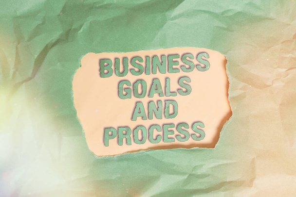 Writing note showing Business Goals And Process. Business photo showcasing company planning and strategies to accomplish Green crumpled colored paper sheet torn colorful background. - Fotó, kép