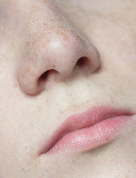 Close up shot of woman nose and lips - Photo, Image