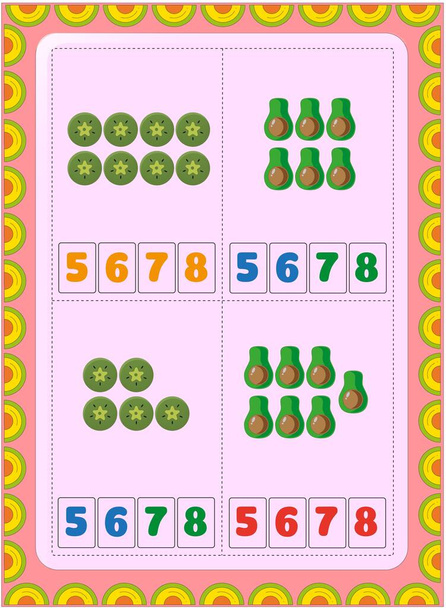 Preschool toddler math with half avocado and slice of kiwi design - Vector, Image