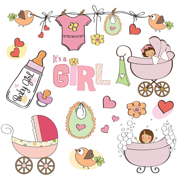 赤ちゃんの少女シャワー要素セット - ベクター画像