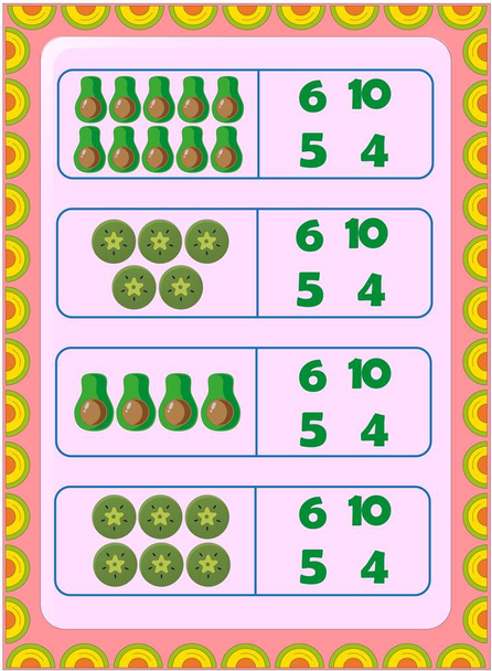 Matematica per bambini in età prescolare con mezzo avocado e fetta di design kiwi - Vettoriali, immagini
