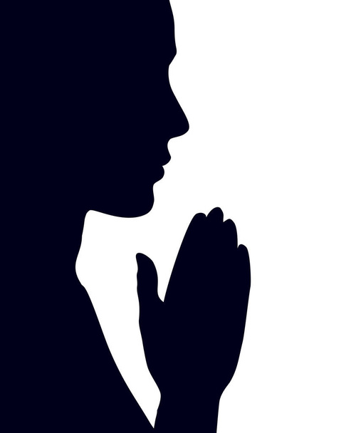 Lonely young evangelical pious kneeling sorrow mourn pretty lady ask implore wish upward Lord Jesus Christ on light space for text. Black side arm logo concept copyspace on white banner frame backdrop - Vector, Image