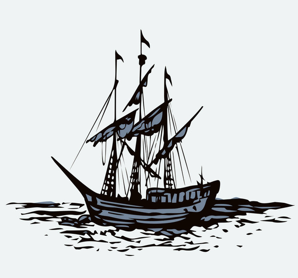 Ξύλινο κλασικό ψηλό ιστιοπλόο ιστιοπλόος μαγειρείο εικονίδιο εικονόγραμμα σε λευκό χώρο κείμενο ουρανό. Γραμμή μαύρο μελάνι στυλό χέρι σχέδιο αεράκι ναύτης λογότυπο σημάδι έμβλημα εικόνα. Art retro doodle χαρακτική στυλ εκτύπωσης - Διάνυσμα, εικόνα