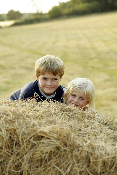 Children emerging from a haystack - Foto, Imagen