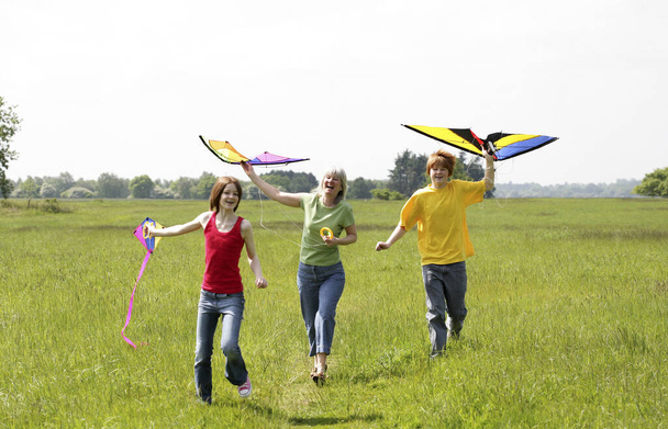 Woman and her children flying kites - Φωτογραφία, εικόνα