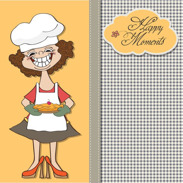 komik kadın ve pasta kartı - Vektör, Görsel