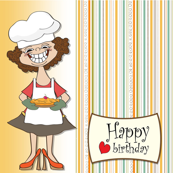 komik kadın ve pasta kartı - Vektör, Görsel